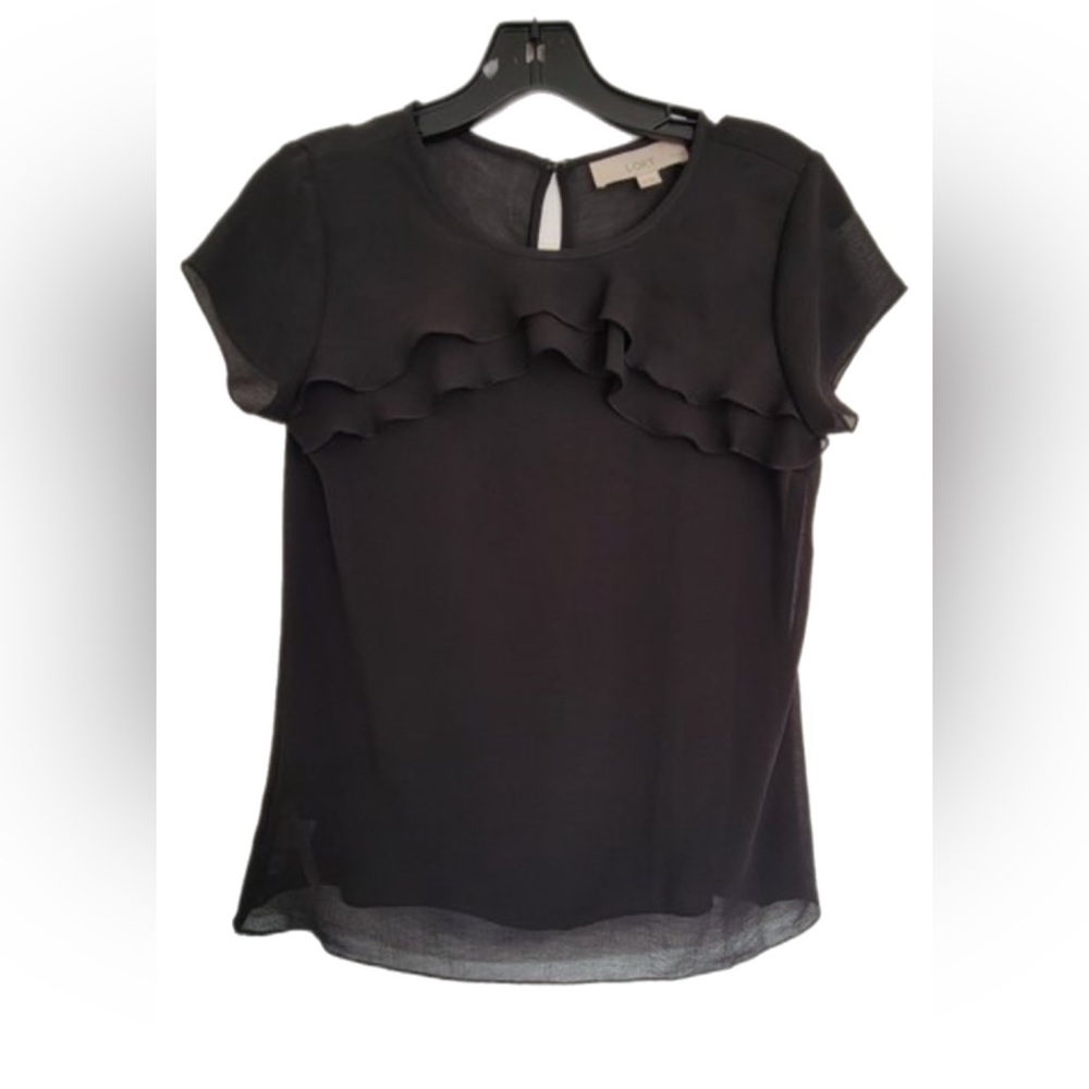 Loft Black Ruffle Front Sheer Layered Short Sleeve Keyhole Blouse Top, S…